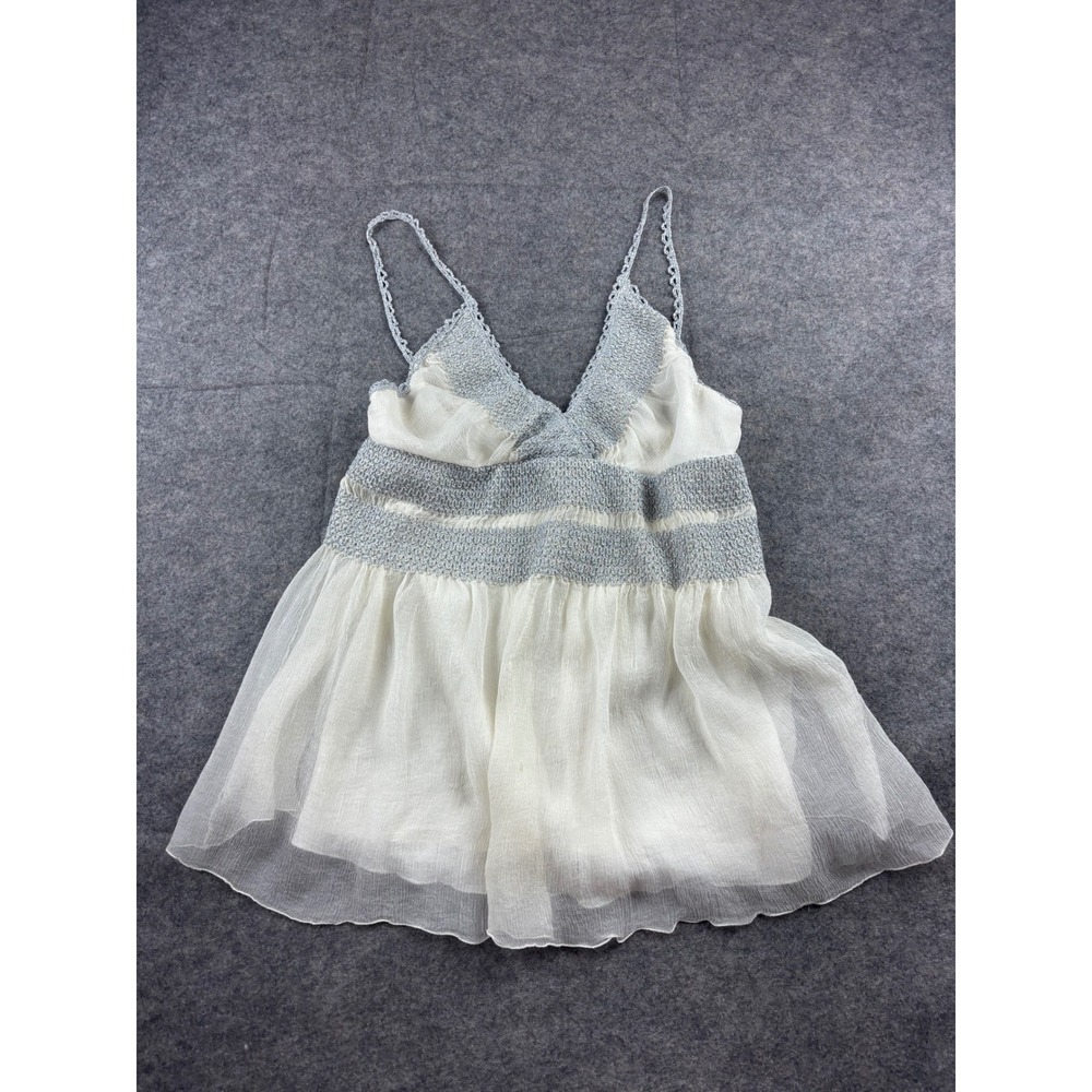 Vivienne Tam Silk Chiffon Babydoll Camisole Top White Silver Crochet Women's 0